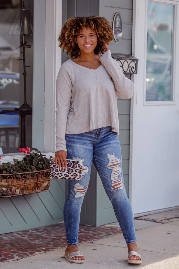 Oatmeal Contrast Knit V Neck Top