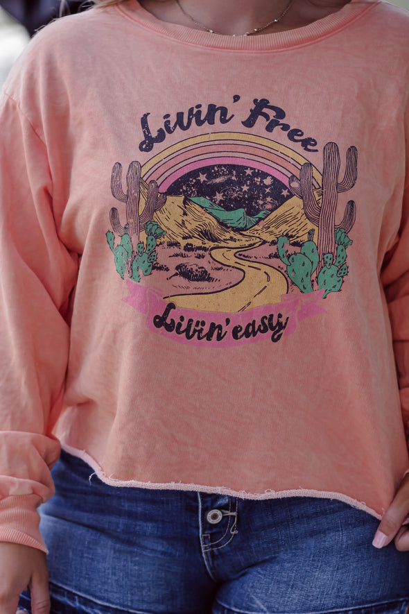 Coral Livin' Free Graphic Cropped Pullover