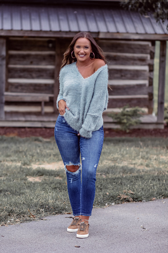 Long Sleeve Fuzzy Knit Sweater in Teal