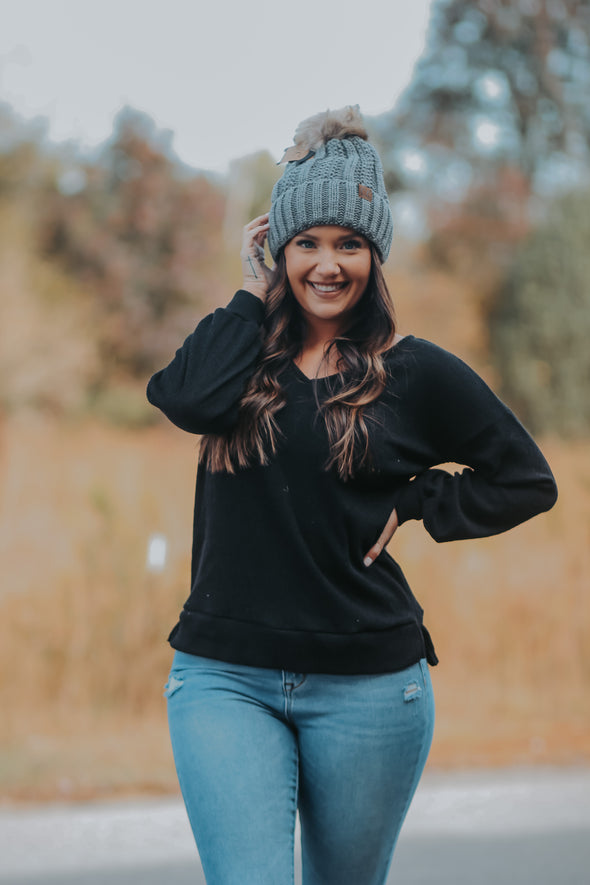 Black Ribbed Knit V Neck Long Sleeve Top In Regular & Curvy