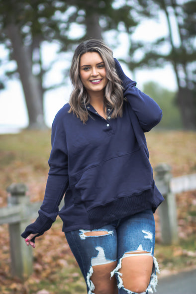 Navy Oversized French Terry Henley Hoodie