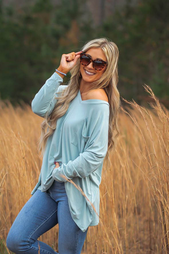 Sage Oversized Long Sleeve Front Pocket Top