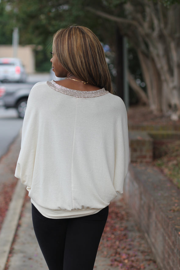 Cream & Sequin Batwing V Neck Top