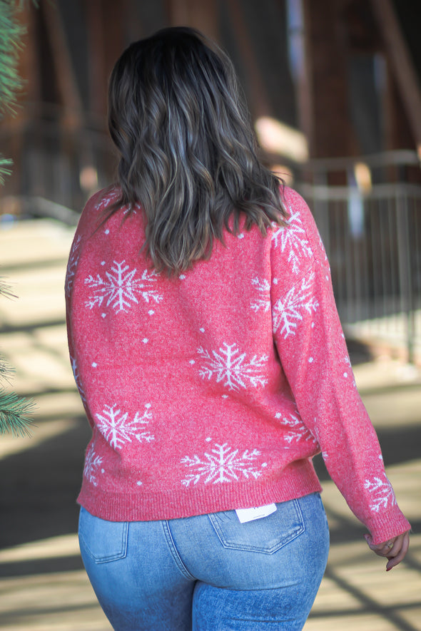 Heather Red Snowflake Front Pocket Sweater
