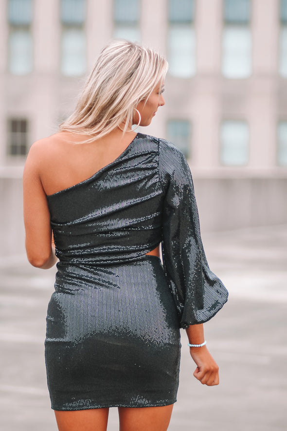 Black Sequin One Shoulder Cutout Mini Dress