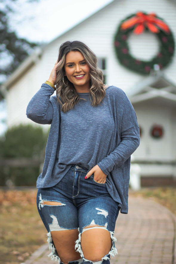 Denim Blue Hacci Knit Long Sleeve Boatneck Top