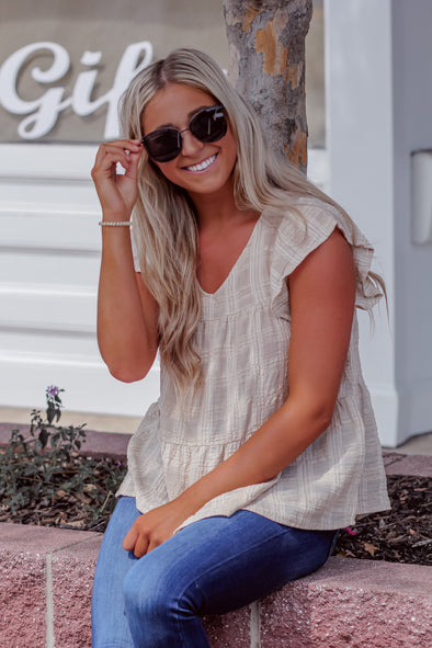Taupe Textured Tiered Babydoll Blouse