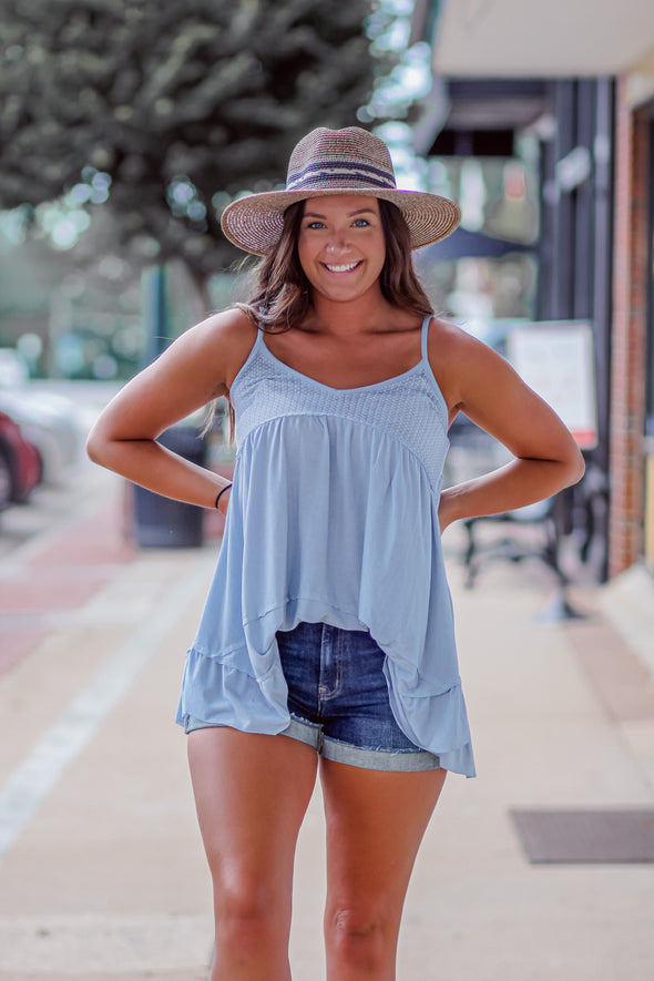 Dusty Blue Contrast Waffle Knit Tunic Top