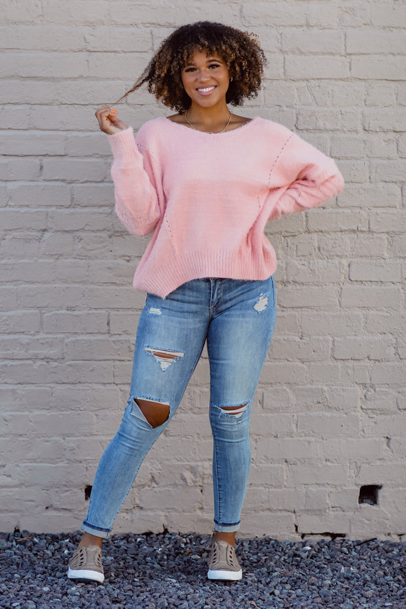 Bubblegum Pink V Neck Soft Knit Sweater
