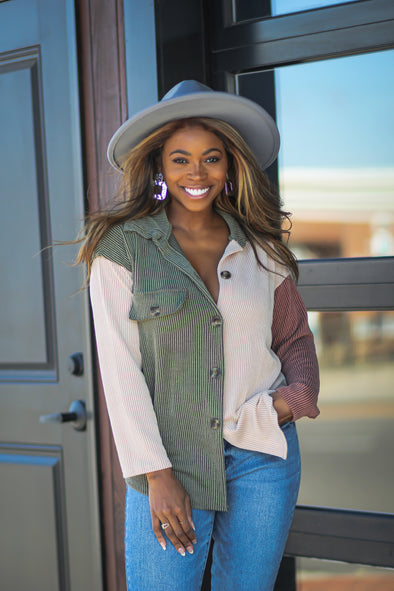 Taupe & Olive Colorblock Button Down Top
