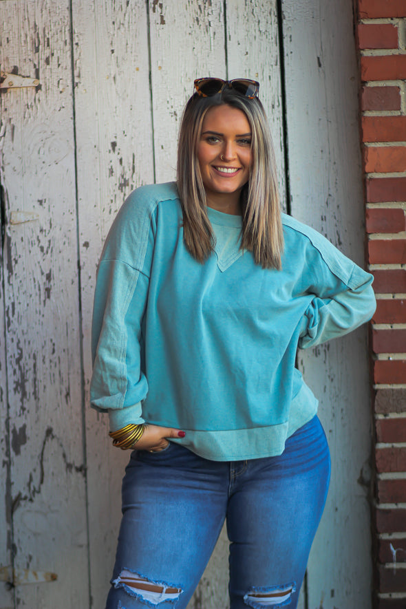 Teal Contrast French Terry Pullover Top