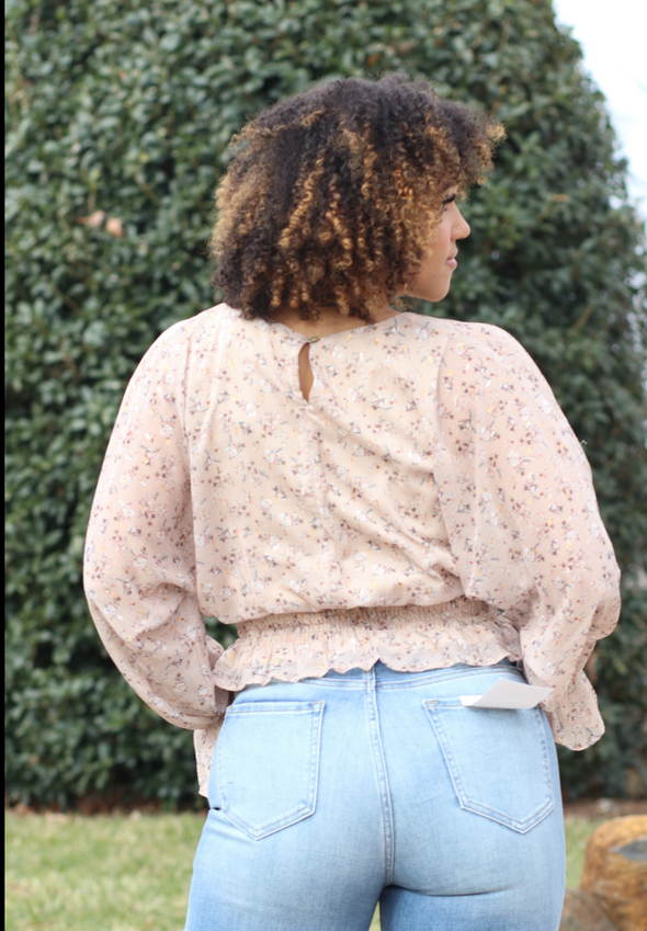 Taupe Gold Floral Smocked Detail Top