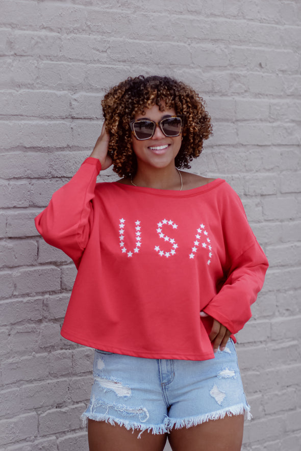 Red & Ivory Star USA Open Back Long Sleeve Top