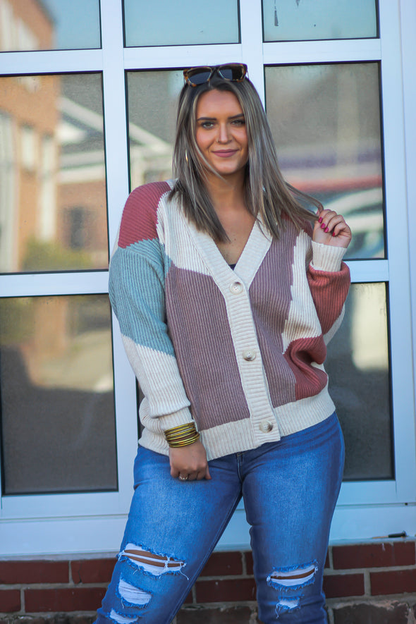 Taupe & Sage Colorblock Sweater Cardigan