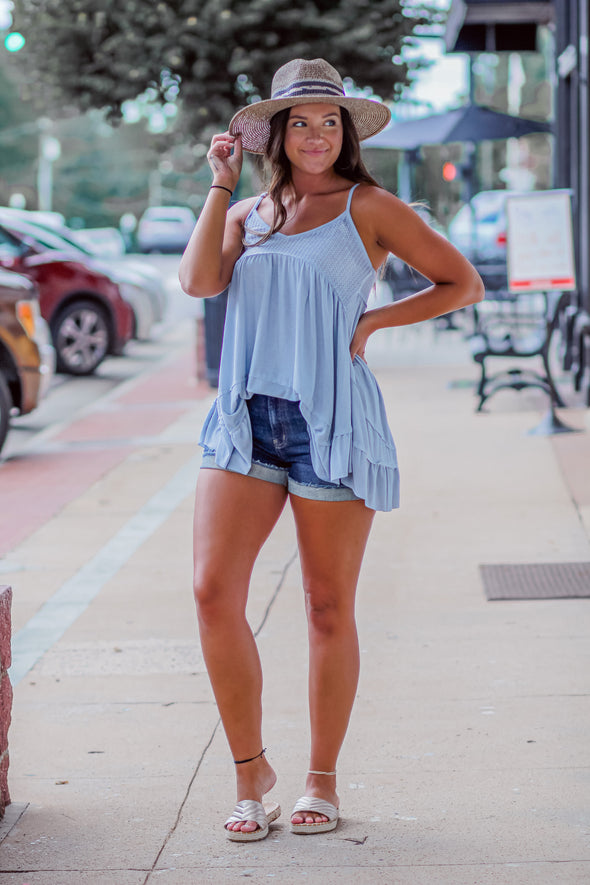 Dusty Blue Contrast Waffle Knit Tunic Top