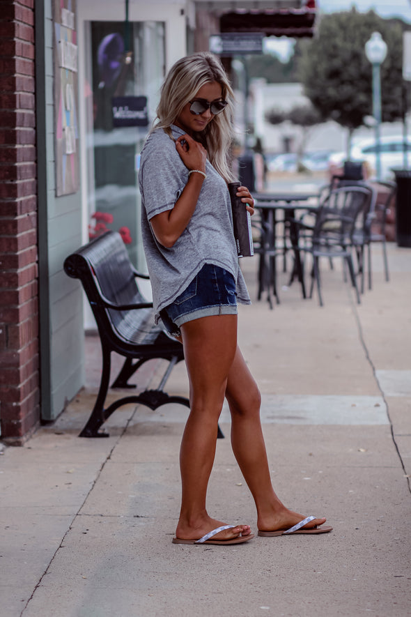 Heather Grey Raglan Short Sleeve Front Pocket Top