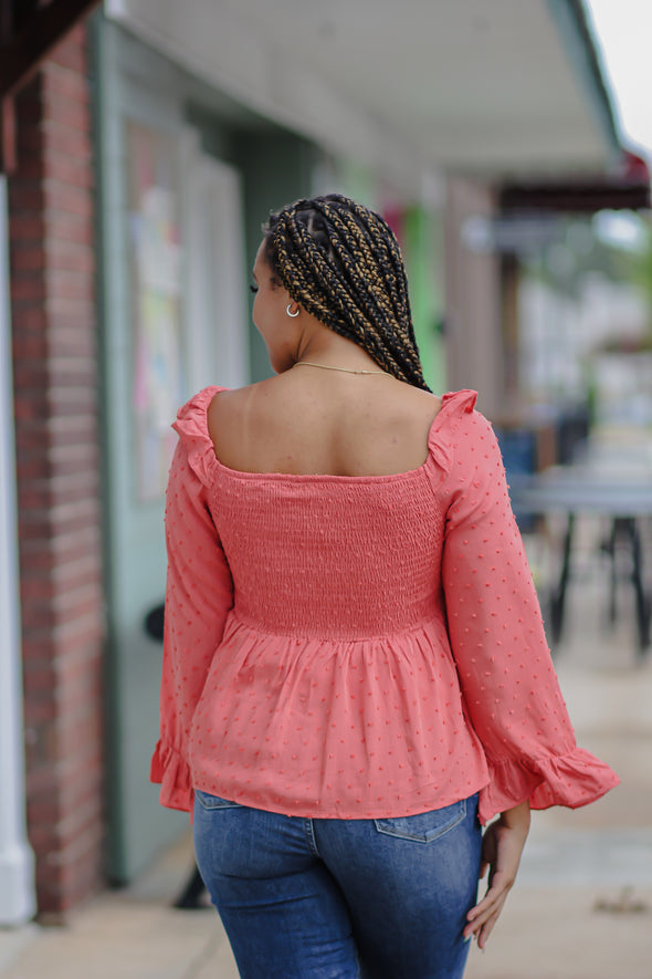 Rust Swiss Dot Smocked Peplum Top