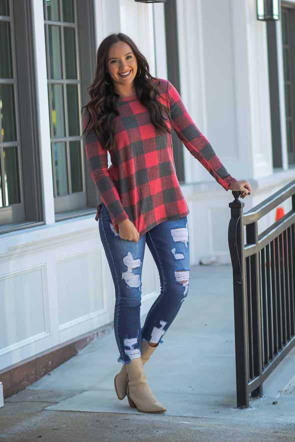 Red Buffalo Plaid Button Detail Top In Regular & Curvy