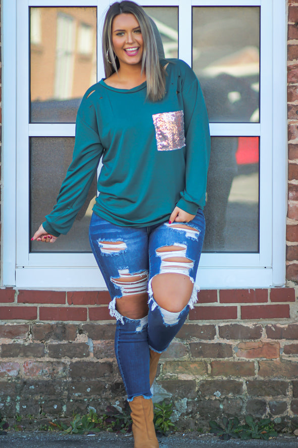 Hunter Green Distressed Sequin Pocket Top