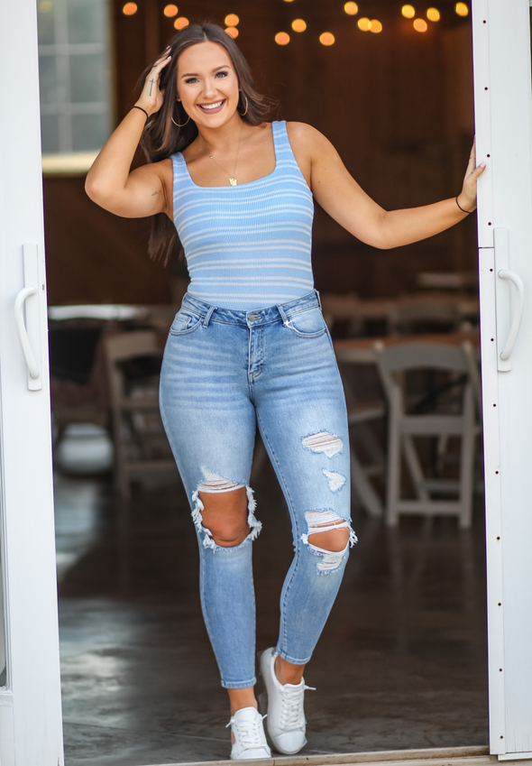 Blue & Ivory Striped Ribbed Bodysuit