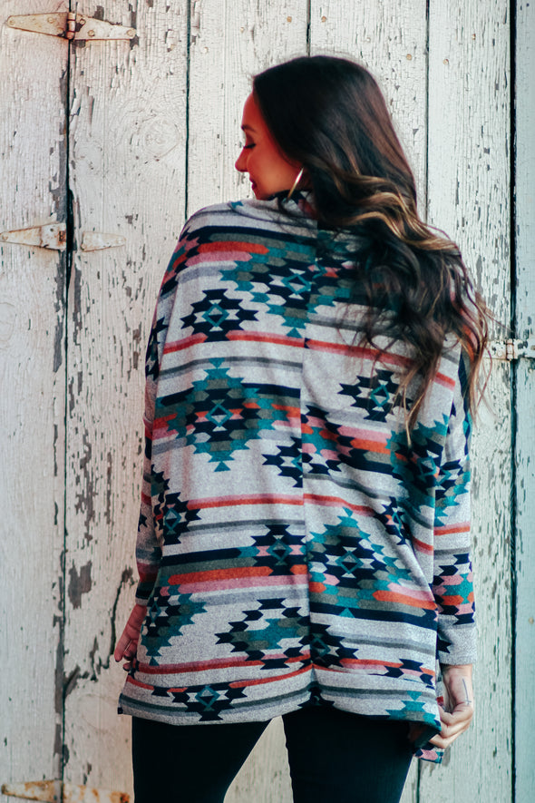 Heather Grey Multi Aztec Cowl Neck Top