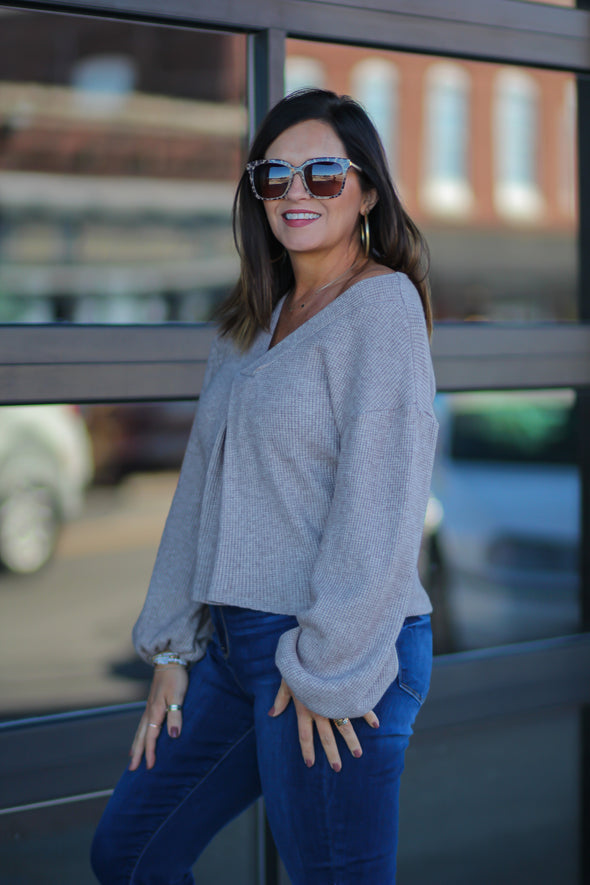 Oatmeal Balloon Sleeve V Neck Knit Top