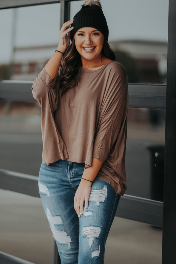 Brown Mineral Washed Dolman Sleeve Top