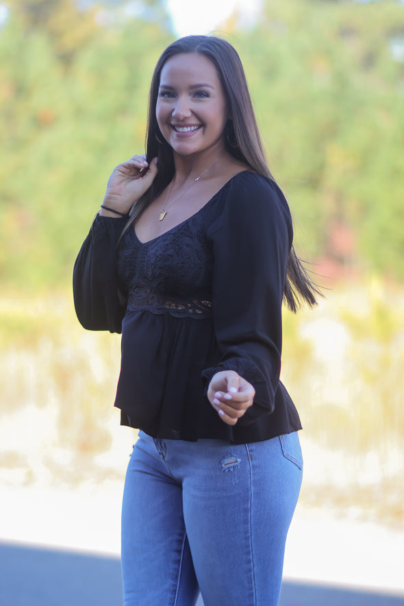 Black Crochet Detail Bubble Sleeve Blouse