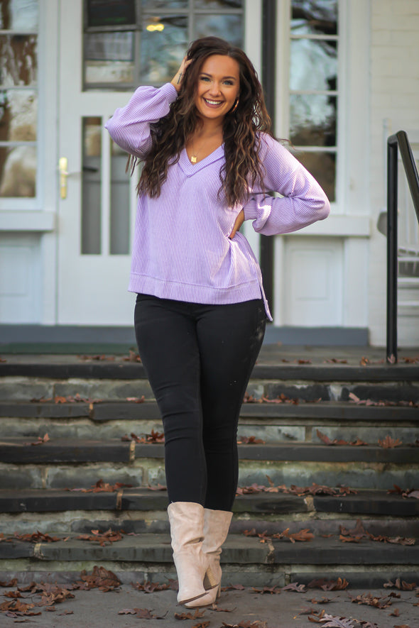 Lavender Ribbed V Neck Pullover Top