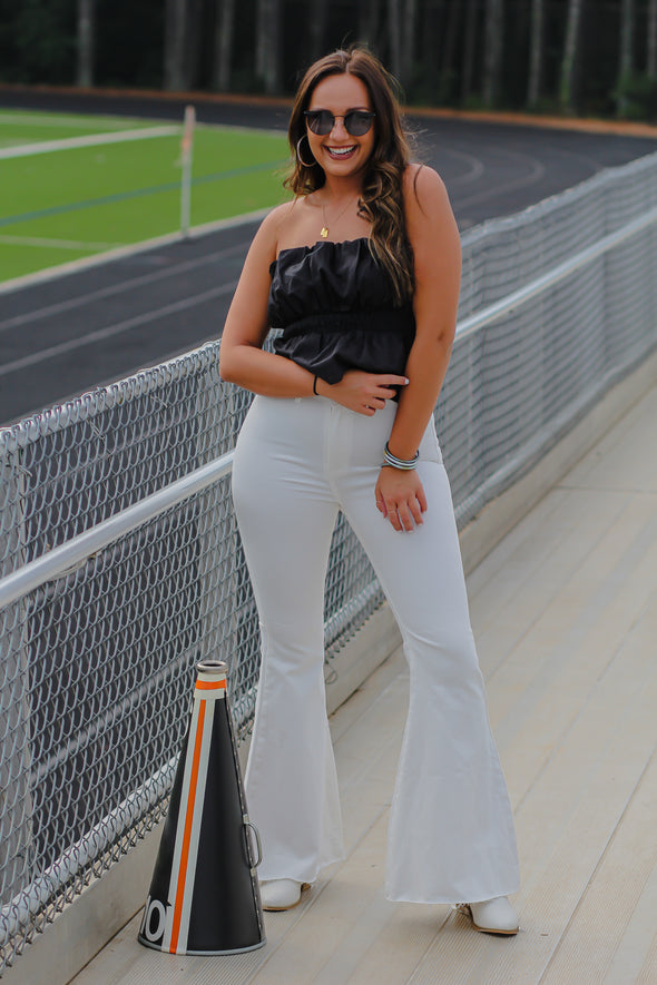 Black Strapless Peplum Top