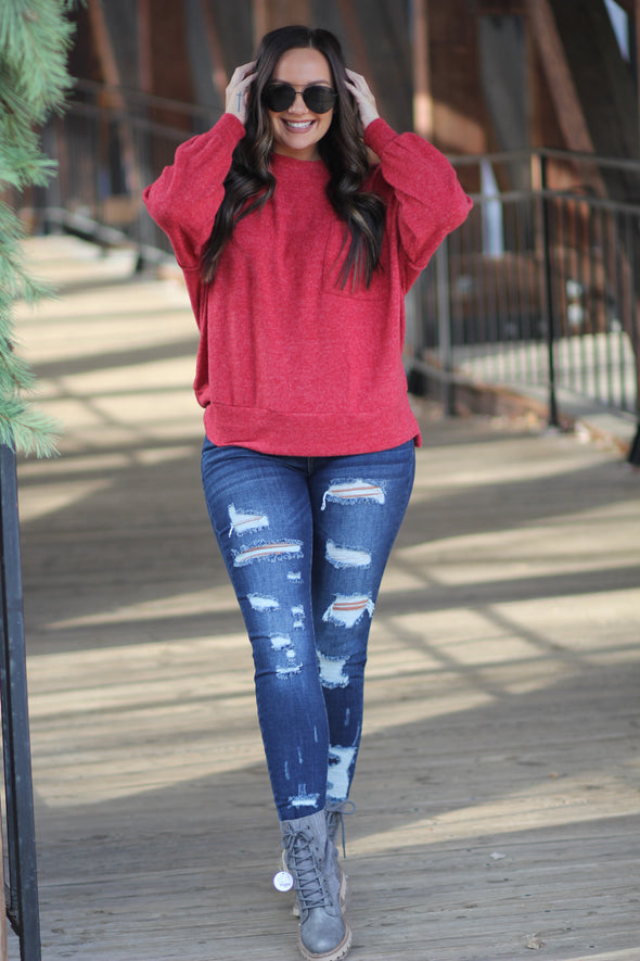 Red Brushed Front Pocket Sweater in Regular & Curvy