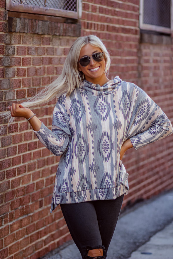 Charcoal & Taupe Aztec Cowl Neck Poncho Top