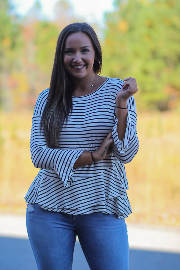 Ivory & Black Stripe Ruffle Hem Top