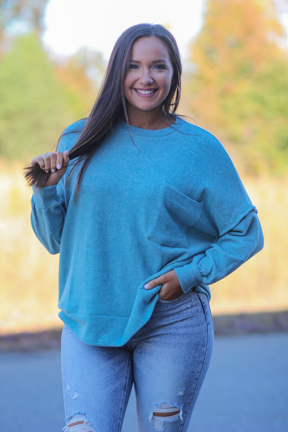 Dusty Teal Brushed Front Pocket Sweater in Regular & Curvy