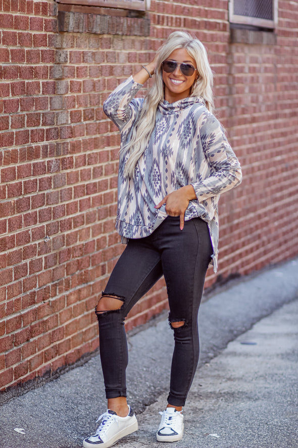 Charcoal & Taupe Aztec Cowl Neck Poncho Top