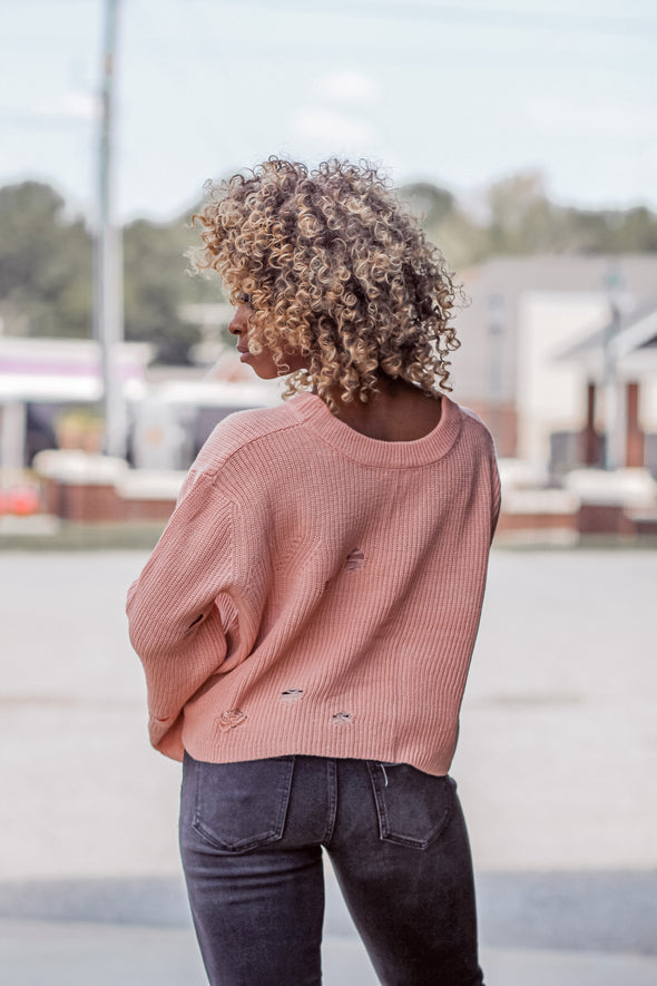 CLEARANCE STOREFRONT Peach Wide Sleeve Distressed Sweater Top