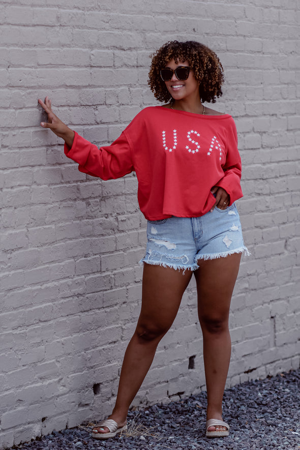 Red & Ivory Star USA Open Back Long Sleeve Top