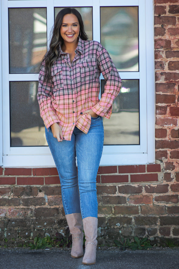 Mauve Bleached Plaid Button Down Flannel