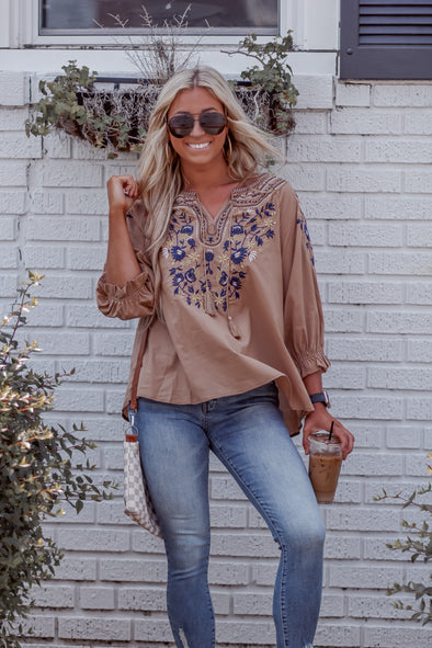 Camel Embroidered Tassel Detail Peasant Top