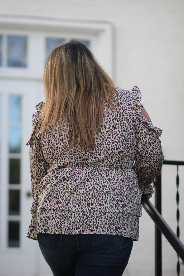 Cream Leopard Cold Shoulder Blouse In Regular & Curvy