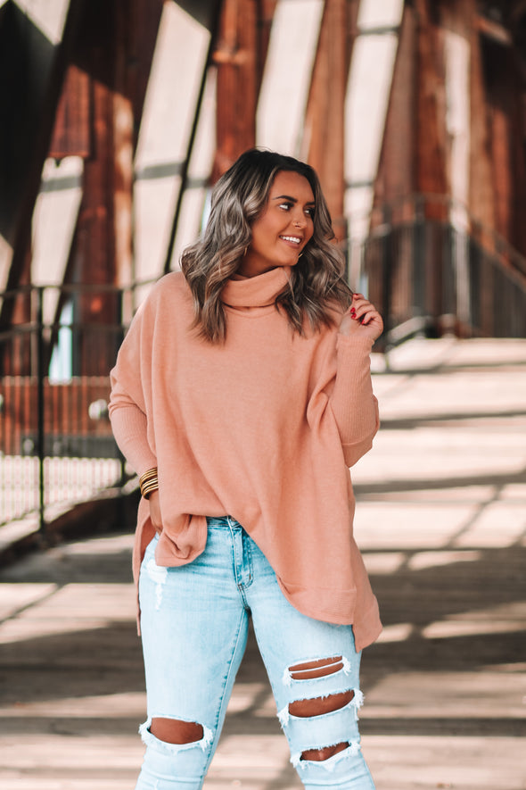 Peach Brushed Knit Cowl Neck Top