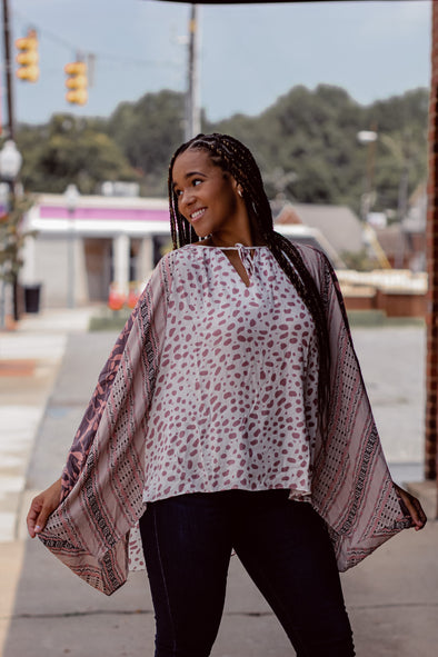 Mauve & Ivory Contrast Dolman Sleeve Tie Front Top