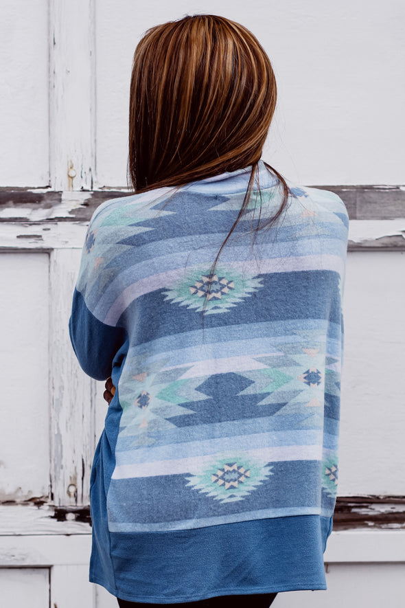 Blue Aztec Hacci Knit Mock Neck Top