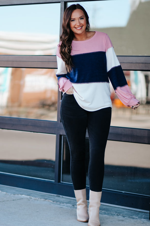 Rose & Navy Colorblock Balloon Sleeve Top