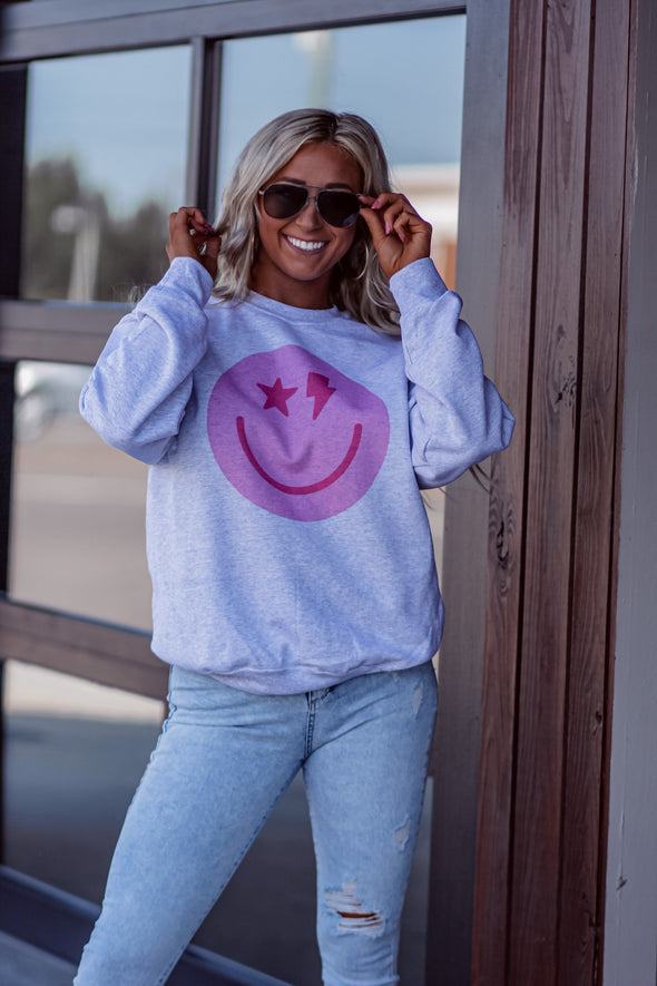 Heather Grey Smiley Graphic Crewneck Sweatshirt