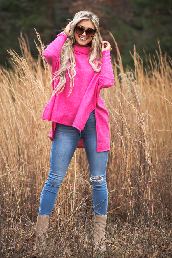 Fuchsia Brushed Knit Cowl Neck Top