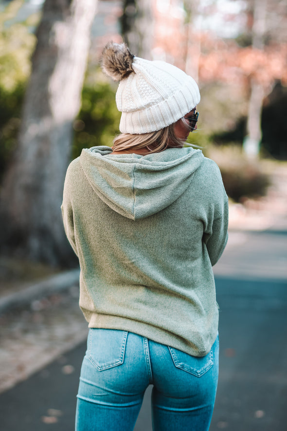 Olive Knit Henley Hooded Top