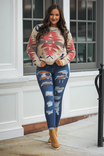 Taupe Aztec Cozy Knit Sweater