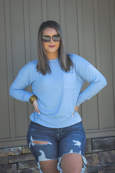 Slate Brushed Front Pocket Long Sleeve Top