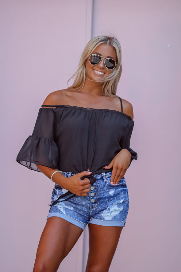 Black Woven Off Shoulder Tie Front Blouse